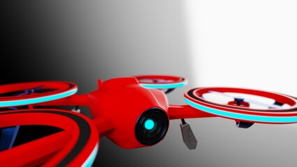 Powerful red drone loaded with some of blue light, most advanced imaging and flight technologies under white-black background. Concept image of video production. 3D CG.