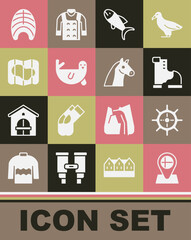 Set Location flag Iceland, Ship steering wheel, Winter warm boot, Fish, Fur seal animal, Map of, steak and Horse icon. Vector