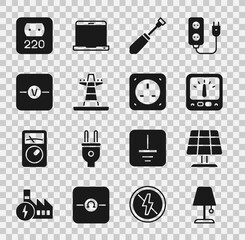 Set Table lamp, Solar energy panel, Ampere meter, multimeter, Screwdriver, Electric tower line, Voltmeter, Electrical outlet and icon. Vector