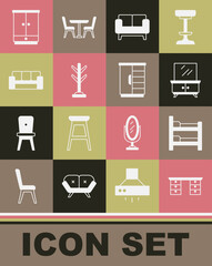 Set Office desk, Bunk bed, Dressing table, Sofa, Coat stand, Wardrobe and icon. Vector