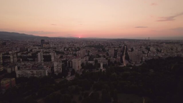 South park in Sofia, Bulgaria at sunset. Aerial view
