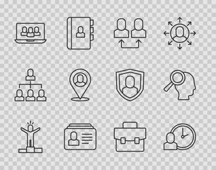 Set line Productive human, Work time, Exchange work, Resume, Project team base, Worker location, Briefcase and Magnifying glass for search job icon. Vector