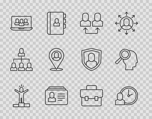 Set line Productive human, Work time, Exchange work, Resume, Project team base, Worker location, Briefcase and Magnifying glass for search job icon. Vector