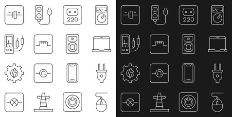 Set line Computer mouse, Electric plug, Laptop, Electrical outlet, Inductor in electronic circuit, Ampere meter, multimeter, DC voltage source and Music player icon. Vector