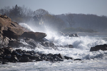 Ocean waves crashing on a rocky shore