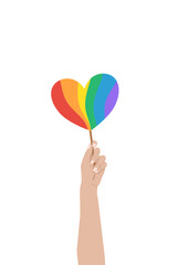 Tęczowe serce w uniesionej dłoni. Symbol społeczności LGBTQ. Tolerancja, wolność, miłość, różnorodność. Ilustracja wektorowa na LGBT Pride Month. - obrazy, fototapety, plakaty