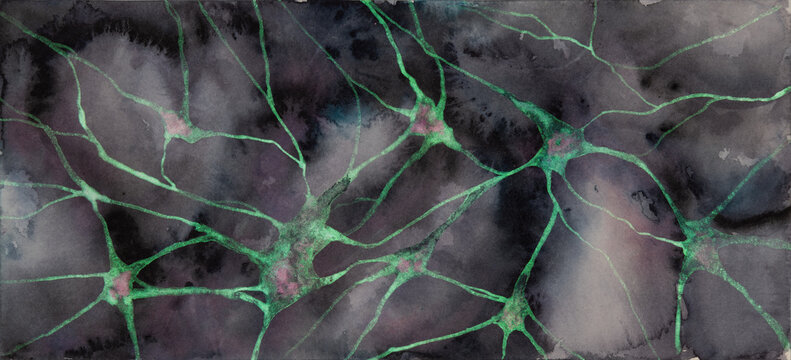 Neurons Purple Green Illustration watercolor neurology mental health.