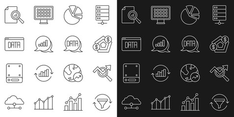 Set line Sales funnel with chart, Search data analysis, Financial growth, Pie infographic, Data, Document and icon. Vector