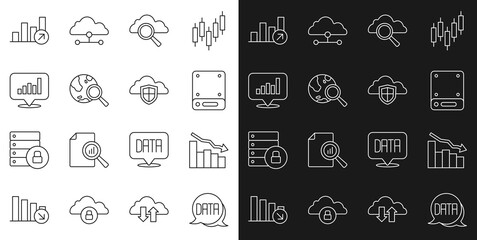 Set line Data analysis, Financial growth decrease, Server, Search cloud computing, globe, Pie chart infographic, and Cloud and shield icon. Vector