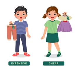 Fotobehang Opposite adjective antonym words expensive and cheap illustration of little boy and girl holding clothes © Tenstudio