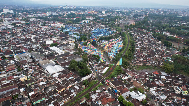 Aerial view of the old slum village Jodipan with colorful houses in Malang city.