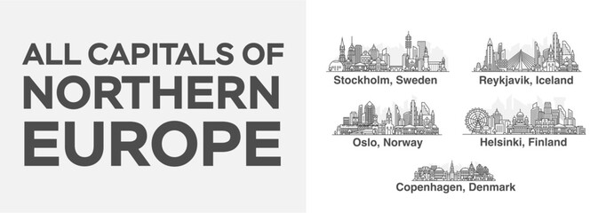 All capitals of Northern Europe. Cities in a linear style with famous views and landmarks. Editable stroke. Skyline city line illustrations. - obrazy, fototapety, plakaty