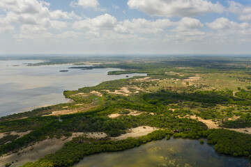Fototapeta premium Aerial view of coast with lagoons and coves in Sri Lanka.