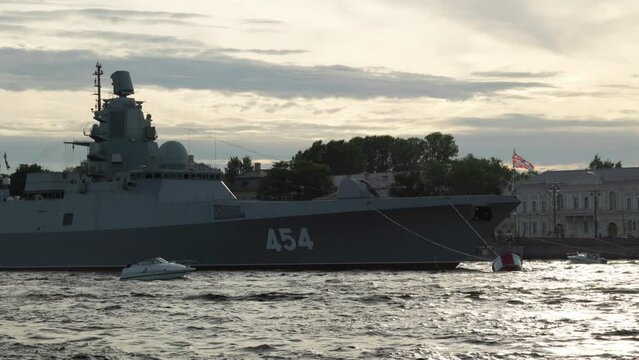 Russian warship at a parade of military equipment in St. Petersburg