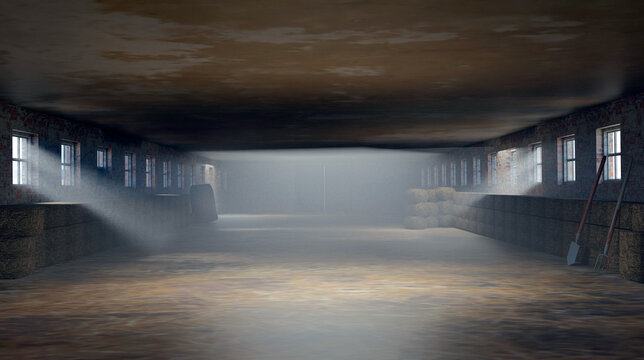 Interior of an empty, dark and foggy barn. Illustration 3d.