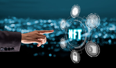 NFT token digital crypto art blockchain technology concept, Person hand touch virtual screen NFT icon background.