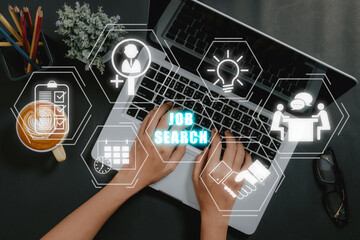 Job search concept, Woman hands using laptop computer keyboard to Searching for information, Data Search Technology Search Engine Optimization.