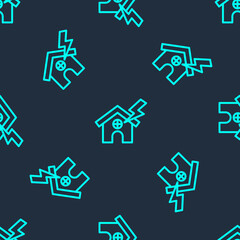 Green line House and lightning icon isolated seamless pattern on blue background. House with thunderbolt for house or property insurance symbol. Vector