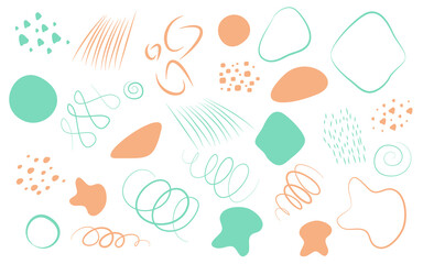 Organiczne kształty, linie, plamy. Zestaw wektorowych elementów ręcznie rysowanych do tworzenia własnych kompozycji i grafiki. Kolaż w kolorach pomarańczowym i zielonym. - obrazy, fototapety, plakaty