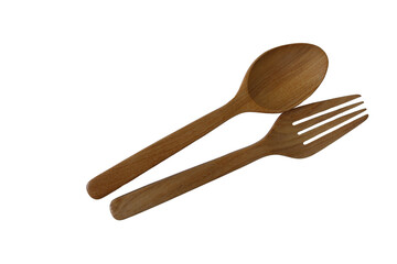 Fork and spoon wooden, kitchenware isolated on white background closeup.