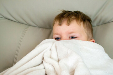 Cold season, a frozen preschool boy covered with warm plaid spend time at home, , winter family...