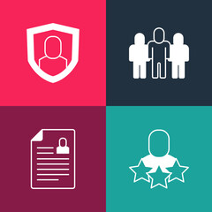 Set pop art Productive human, Resume, Project team base and User protection icon. Vector