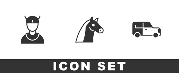 Set Viking head, Horse and Car icon. Vector
