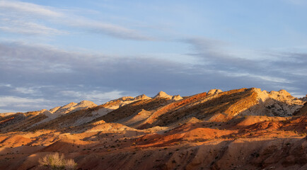 Red Rock Mountains in the Desert at Sunrise. Spring Season. Goblin Valley State Park. Utah, United States. Nature Background.