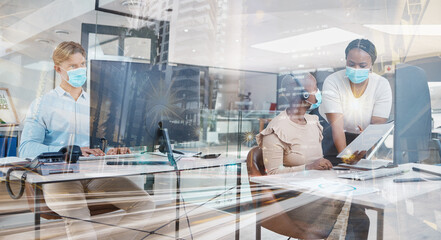 Covid business, global networking and future tech connection with digital transformation, telemarketing innovation and technology abstract system in city growth. Call center office with urban overlay