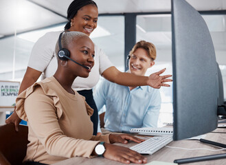 Happy manager help call center agent on computer while talking, discussing or negotiating deals,...
