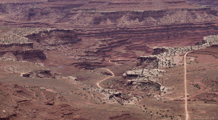 Fototapeta premium Dirt route in Desert Canyon with Scenic American Landscape and Red Rock Mountains. Spring Season. Canyonlands National Park. Utah, United States. Nature Background.