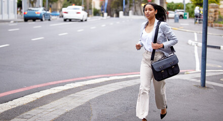 Running, stress or late business woman in hurry with bag missing job interview, meeting or startup pitch idea in downtown city. Fear, anxiety or risk creative entrepreneur or designer moving in town