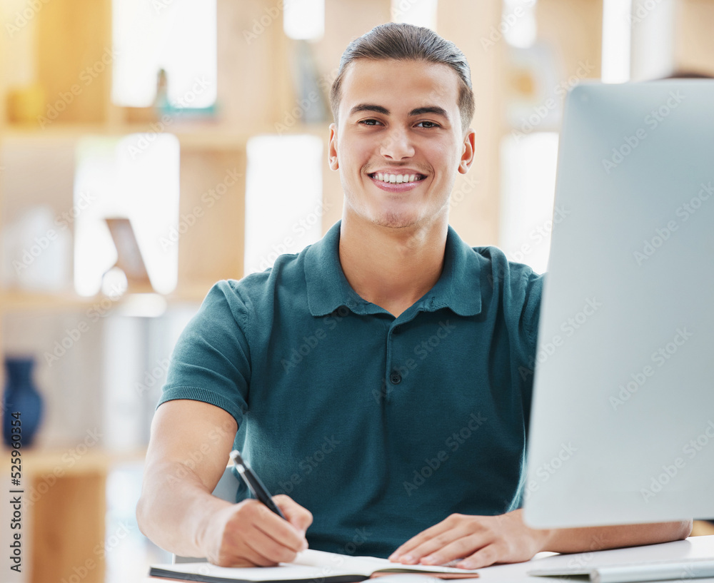 Poster planning, vision and motivation with business man writing notes in a book while working on a compute