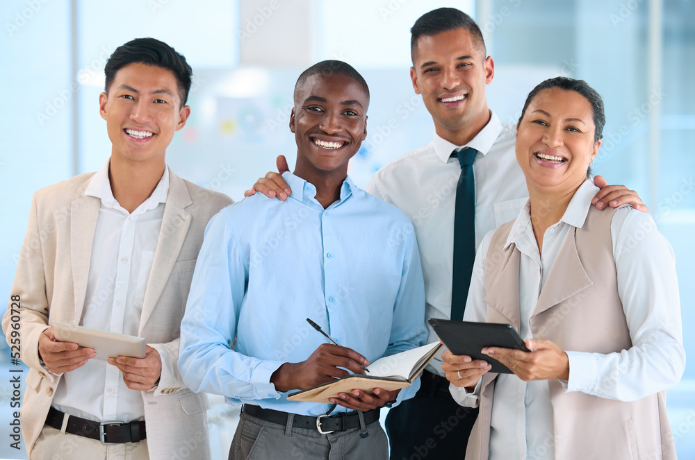 Poster planning, diversity business people portrait and digital marketing workers with a vision for success