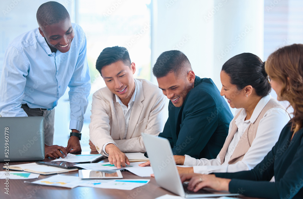 Aufkleber Teamwork, collaboration and design with a team in a meeting for planning, strategy and creative idea. Young group with a mindset of growth with a vision and mission for the future of their company
