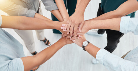 Teamwork, collaboration and motivation business people hands stacked together in office with lens flare. Group hand for goal, community together for team project or company growth mission and trust - obrazy, fototapety, plakaty
