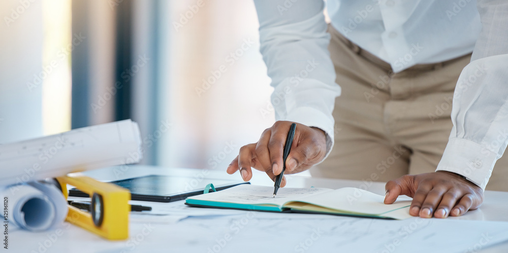 Poster Architect hands drawing architecture sketch design with blueprint, floor plan engineering paper and notebook planning in a studio. Business industry worker working on a project company development