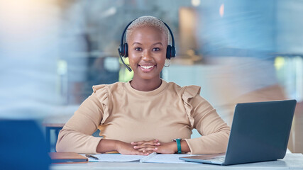 Call center, customer service and contact us support worker with laptop in busy office working on crm consulting. Smile portrait of happy receptionist, telemarketing woman or communication consultant - obrazy, fototapety, plakaty
