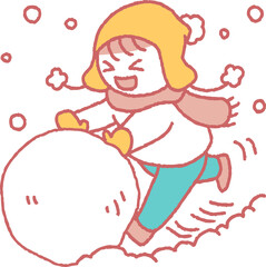 大きな雪玉を作って遊ぶ子供のイラスト