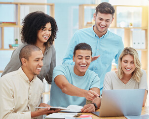 Teamwork, collaboration or motivation and a team of businesspeople in the creative design industry meeting and working on a laptop. Planning, strategy or talking with a vision and mission for success