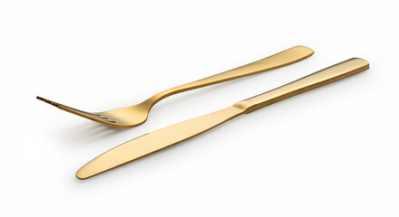 Gold knives and forks set against a white background.