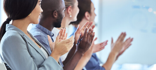 Motivation, innovation and community support by clapping workers at a conference or presentation....