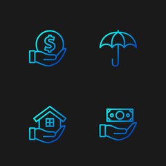 Set line Money with shield, House in hand, and Umbrella. Gradient color icons. Vector