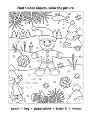 Hidden objects, or seek and find, picture puzzle and coloring page activity sheet with happy cheerful gingerbread man
