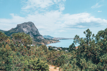 Fototapeta na wymiar A nature scenery of a calm sea and green bushes, with Lions Head mountain in the horizon. Landscape of the ocean near the mountains with blue cloud sky and copy space. High quality photo