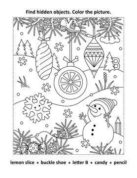 Hidden objects, or seek and find, picture puzzle and coloring page activity sheet with christmas tree ornaments and cute cheerful snowman
