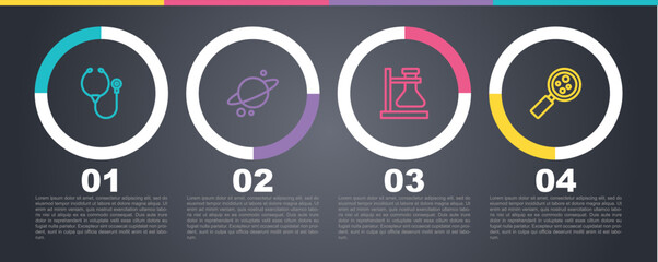 Set line Stethoscope, Planet Saturn, Test tube flask on stand and Microorganisms under magnifier. Business infographic template. Vector