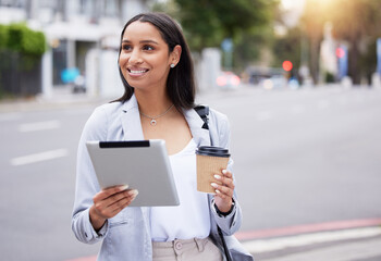Business coffee, digital tablet and street walk commute office or lunch break in the city....