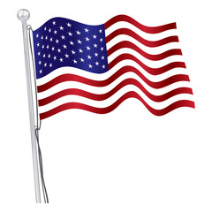 Fototapeta premium Vector illustration of the American flag waving in the wind isolated on white, USA rippling flag hanging on a silver pole.