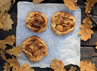 rustic traditional french biscuit cake with apples in autumn style, top view